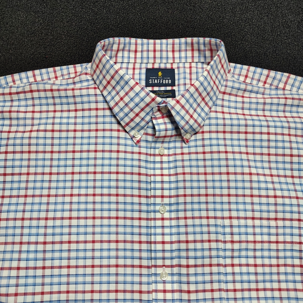 Stafford Travel Wrinkle Free Red White Blue Oxford Plaid Shirt Men's 20 Big